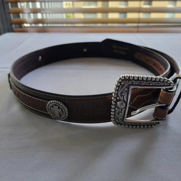 Western Style SILVER CROSS Men’s Genuine Leather Belt - Picture 14 of 14